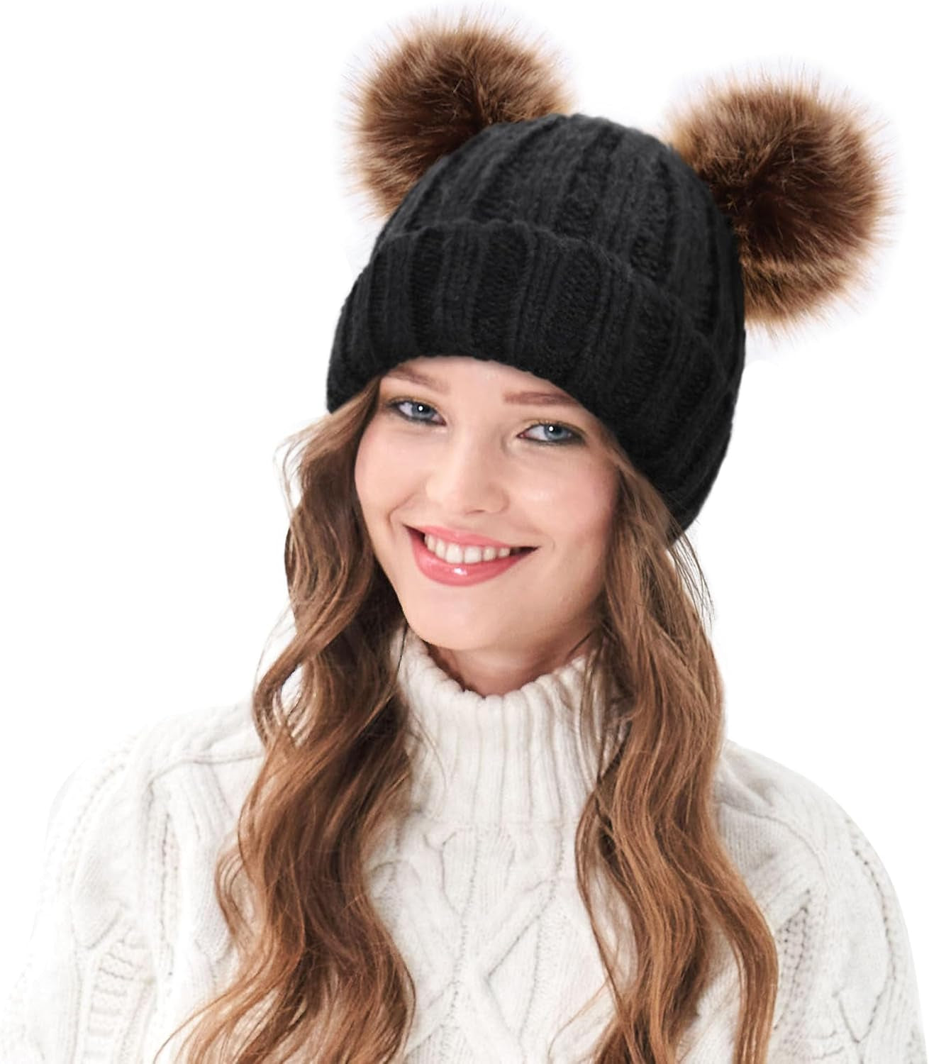 Womens Winter Hat Cable Knit Beanie for Women Faux Fur Pompom Ears