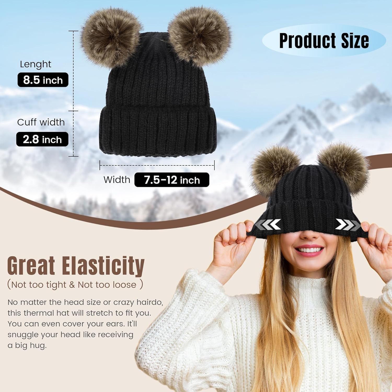 Womens Winter Hat Cable Knit Beanie for Women Faux Fur Pompom Ears