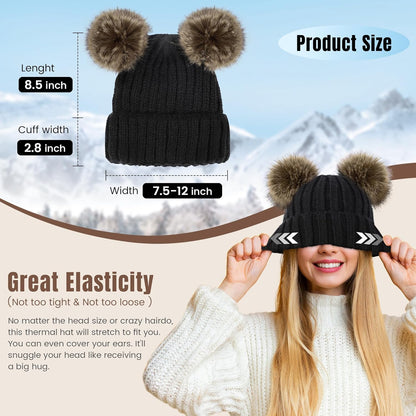 Womens Winter Hat Cable Knit Beanie for Women Faux Fur Pompom Ears