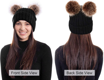 Womens Winter Hat Cable Knit Beanie for Women Faux Fur Pompom Ears